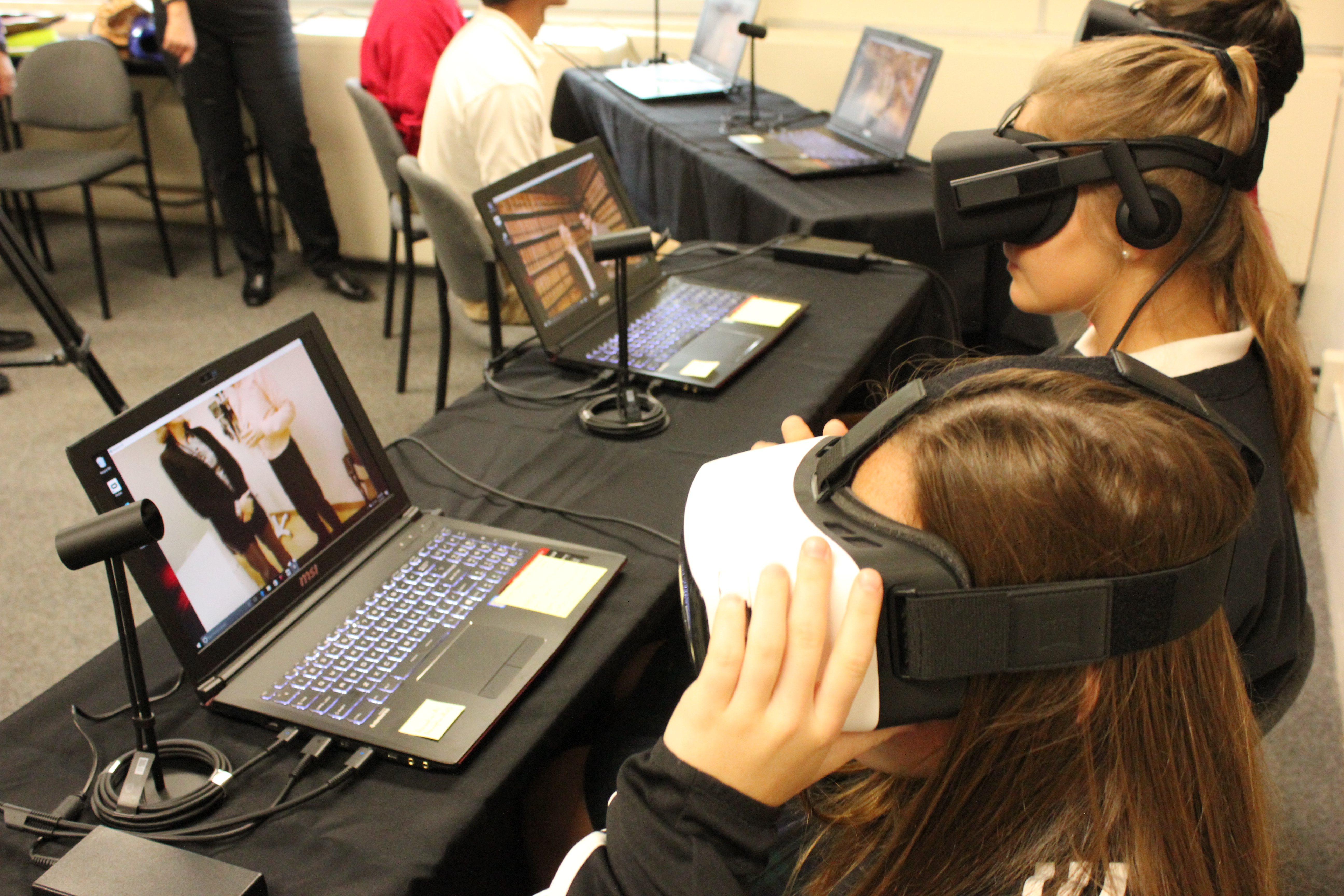 Assumption High School students experiencing virtual reality made possible by the STEM Best award.