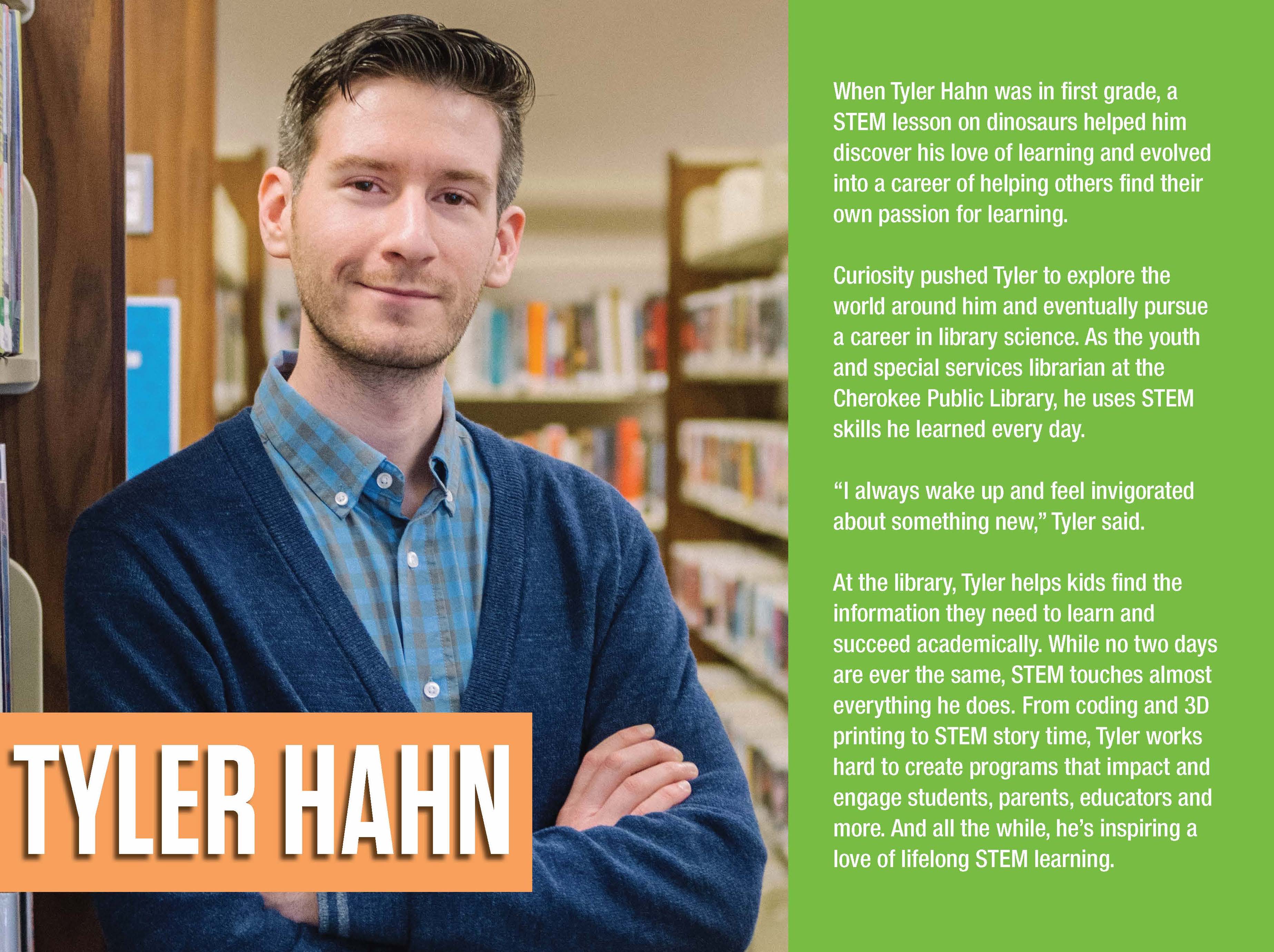 The latest STEM Gem poster features Youth and Special Services Librarian Tyler Hahn.